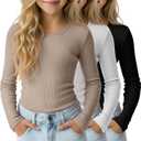 3 Pack Girls Long Sleeve Shirts Cotton Ribbed Tops Crewneck Layering Slim Fit Uniform Undershirts Teen Basic Tees (11-12 Years, Black, White, Khaki)
