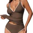 ZAFUL Womens Tankini Swimsuits V Neck Push Up Swim Top Color Block Tummy Control High Waisted Bathing Suits Swim Bottom (Small)