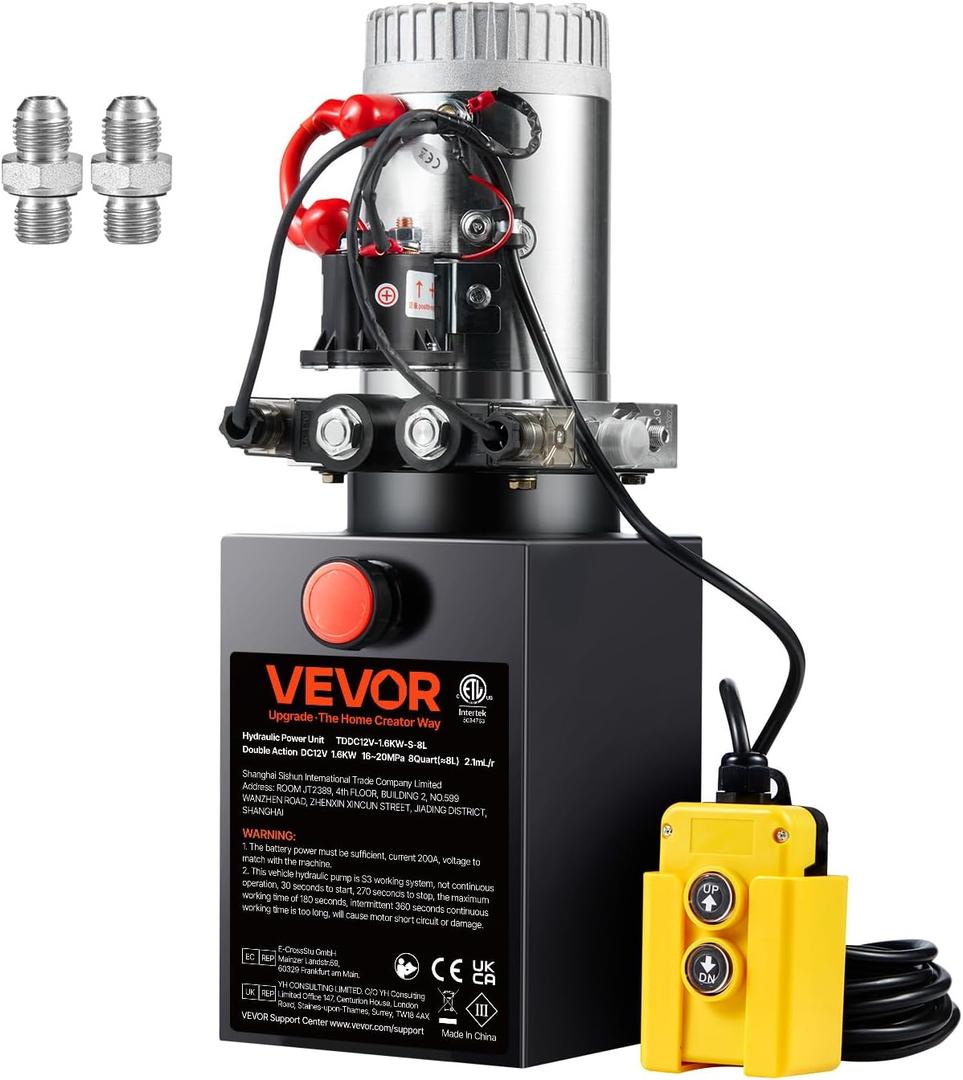 VEVOR 8 Quart Hydraulic Power Unit, Double Acting Dump Trailer Pump, 0.91 GPM Flow Rate, 3200 PSI Max Relief Pressure, DC 12V Hydraulic Pump for Dump Trailer Car Lifting