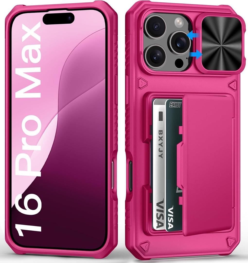 for iPhone 16 Pro Max Wallet Case with Card Holder (4-5 Cards), Military Grade Protection, Slide Camera Cover, Heavy Duty Women Girly Men Protective Phone Case for iPhone 16 Pro Max, Hot Pink