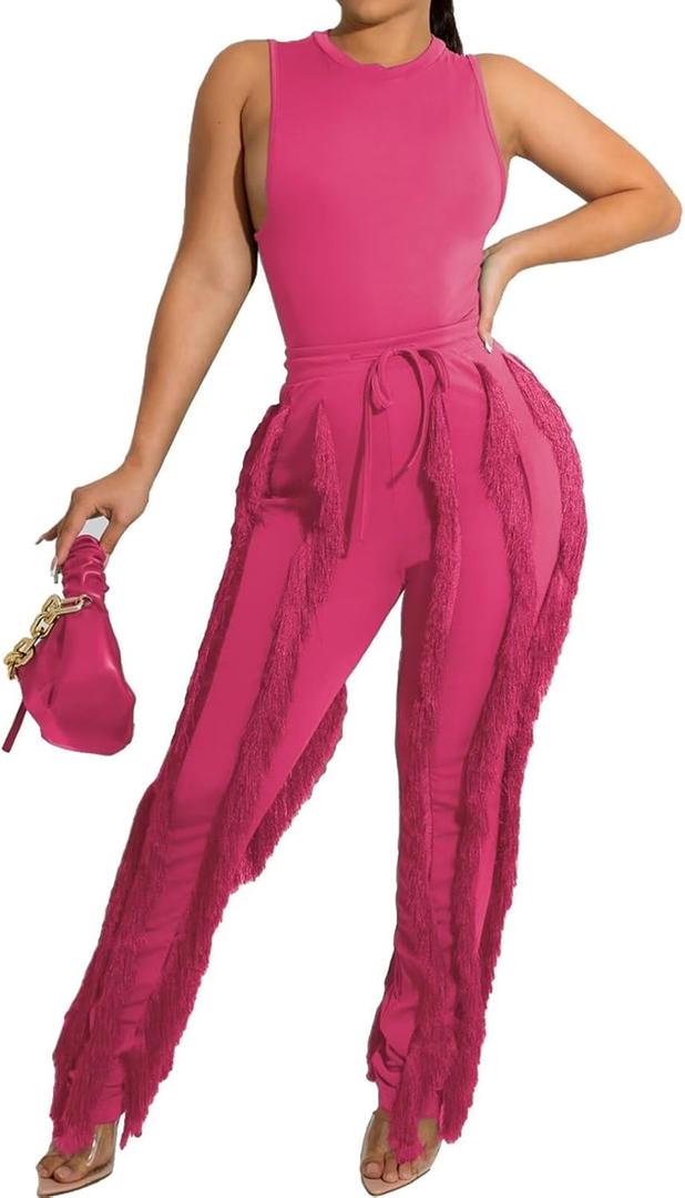 EDITCOZY Women Sexy Two Piece Outfits Fringe Pants Set Tassel Club 2 Piece Sets Going Out Birthday Party Night (Small, Rose Red)