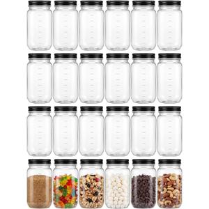 Novelinks 16 Oz Plastic Mason Jars with Lids, Refillable Clear Plastic Jars with Lids 16oz & Reusable Empty Storage Containers with Lids (Black,24 Pack)