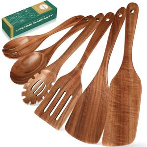 AIUHI Wooden Spoons for Cooking, 6Piece Wooden Cooking Utensils, Nonstick Kitchen Cooking Spatulas, Durbale & Sturdy, Heat Resistant, Comfortable Grip
