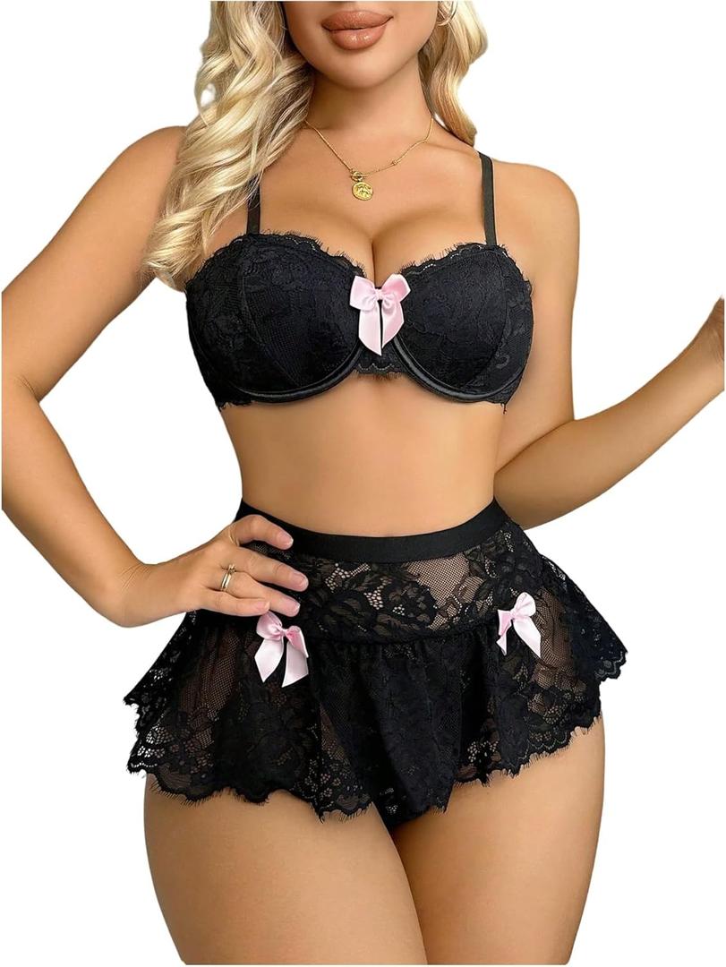 OYOANGLE Women's 2 Piece Bow Knot Floral Lace Lingerie Set Underwire Bra and Ruffle Panties Babydoll (Small, Black)