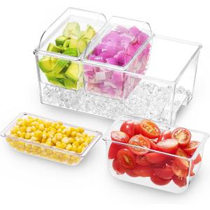 Lifewit Ice Chilled Condiment Caddy with 3 Containers(2.5 cup), Condiment Server with Separate Lids, Serving Tray Platter with Removable Dishes for Bar Accessories, Fruit, Salad, Taco, Party Garnish