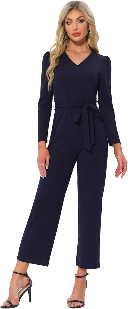 Allegra K Women's V Neck Jumpsuit Long Sleeve Tie Waist Wide Leg Long Pants Elegant Knit Jumpsuits (Black, L)