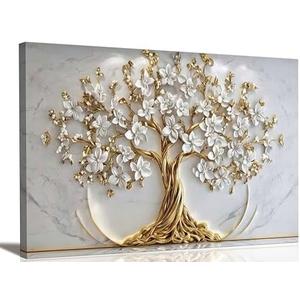 Tree of Life Canvas Wall Art Gold White Flowers Wall Decor Picture Natural Landscape Poster Print Artwork For Living Room Bedroom Office Paintings Decoration Prepare to hang 48x24in