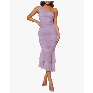 ZESICA Women's One Shoulder Summer Dress Sleeveless Mesh Ruched Bodycon Sexy Formal Cocktail Midi Dresses M