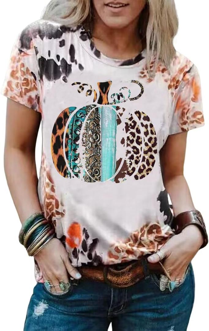 2 x Pumpkin Halloween Shirts for Women Leopard Pumpkin Graphic T-Shirt Funny Fall Short Sleeve Tee Thanksgiving Gift Shirt, Small
