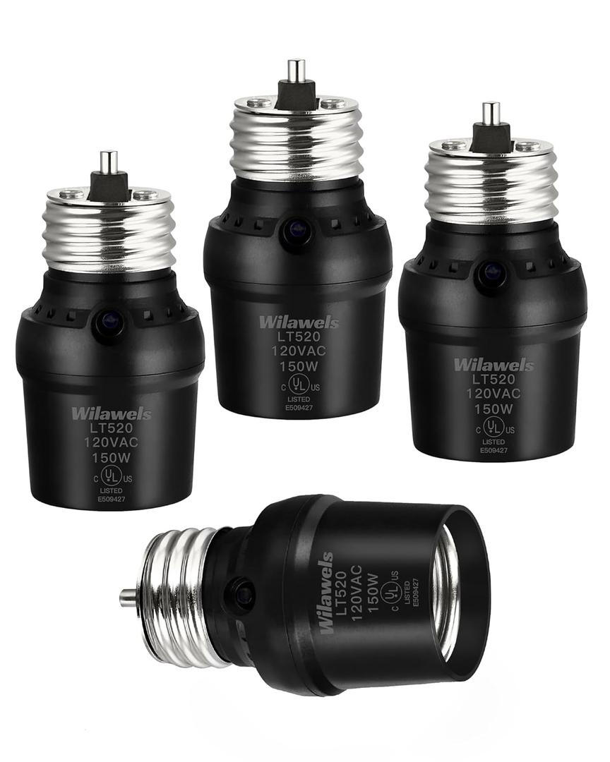 WILAWELS Light Sensor Socket, Automatic Dusk to Dawn Light Socket with 360° Sensor Rotation, E26 Bulb Base Adapter, Light Bulb Socket for Outdoor Lighting, UL Listed, Black, 4 Pack