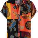 Men's Cotton Linen Vintage Pattern Printed Old Style Shirt Casual Short Sleeve Button Down Retro Shirts (Large, Yellow)