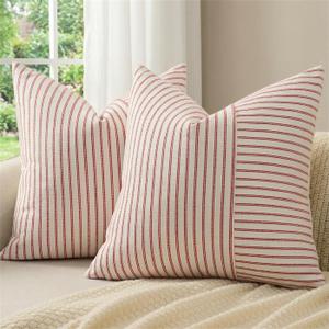 YCOLL Christmas Pillow Covers 20x20, Boho Throw Pillow Covers Set of 2, Red and Cream Striped Linen Decorative Pillows Cushion Covers for Couch Bedroom Christmas Decorations