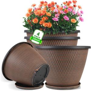 12 inch Pots for Plants, 4 Pack Large Outdoor Planter Pot with Drainage Holes & Saucers, Plastic Flower Pots for Indoor Plants, Decorative Garden Pots for Indoor & Outdoor Plant (Black Copper)