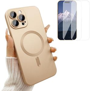 Ankofave Magnetic Case for iPhone 15 Pro Max Phone Case for Women, [Compatible with MagSafe] Matte Metallic Design with Lens Protectors & 2 Screen Protectors for iPhone 15 Pro Max 6.7"-Champagne Gold