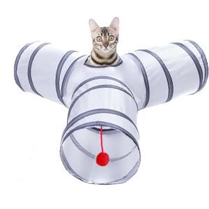 Cat Tunnel, Collapsible Tube with 1 Play Ball Toys, 3 Ways Tunnels for Indoor Cats, Puppy, Kitty, Kitten, Rabbit (White and Gray)