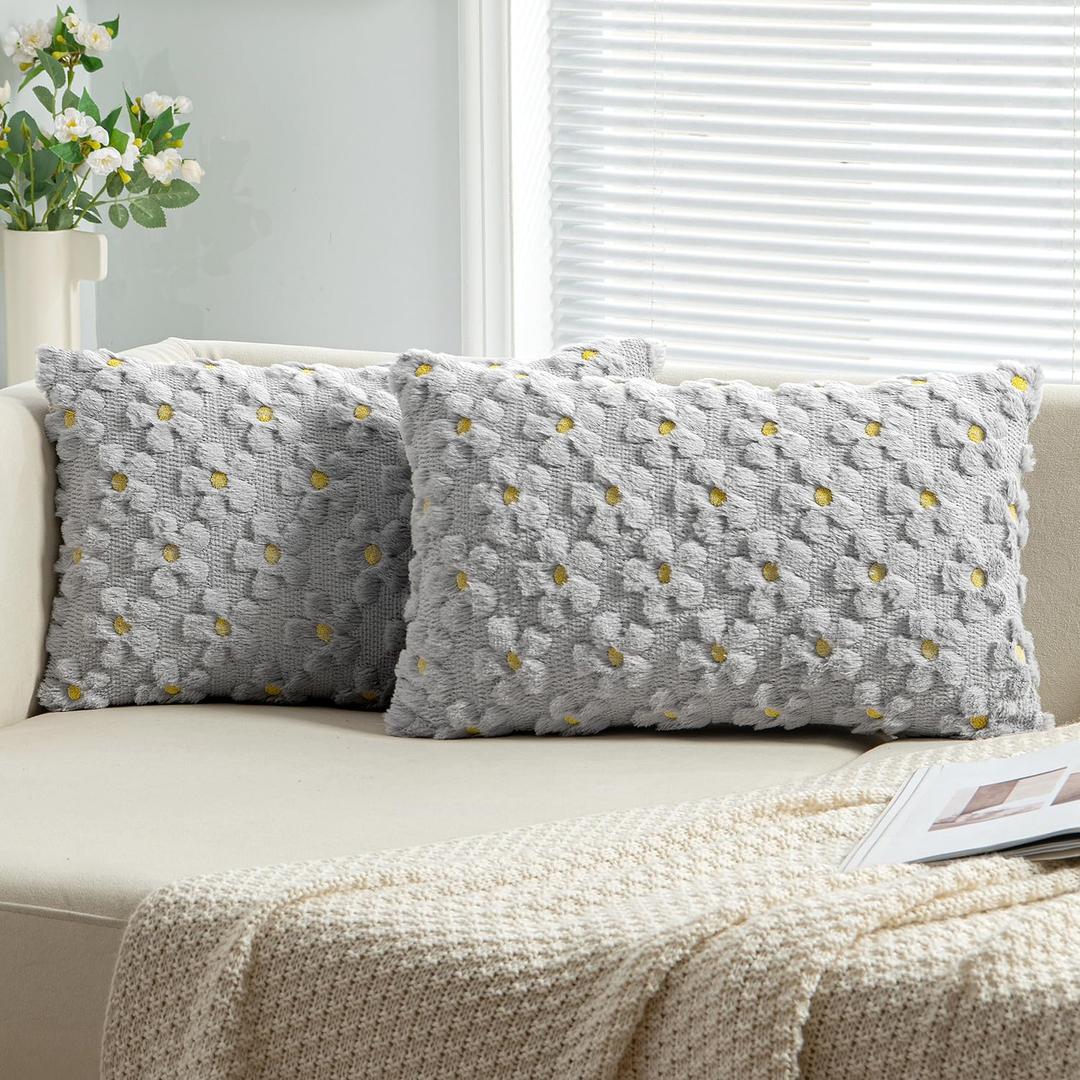 EMEMA Spring Summer Decorative Throw Pillow Covers 18x18 Inch Set of 2 Soft Plush Faux Couch Pillow Covers Sun Flower Pillowcase Cushion Case Holiday for Home Decor Sofa Bed Living Room Light Grey