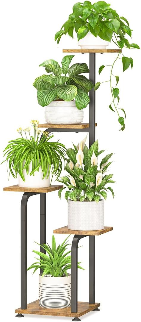 iDavosic.ly Tall Plant Stand Indoor, 4 Tier Corner Multiple Flower Holder Shelf with Wooden Trays, Space Saving Display Rack for Living Room Balcony Patio Porch Outdoor | Black & Brown