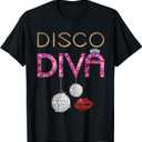 Disco Diva Ladies Disco Gold Ball Silver Red Lips T-Shirt, Medium