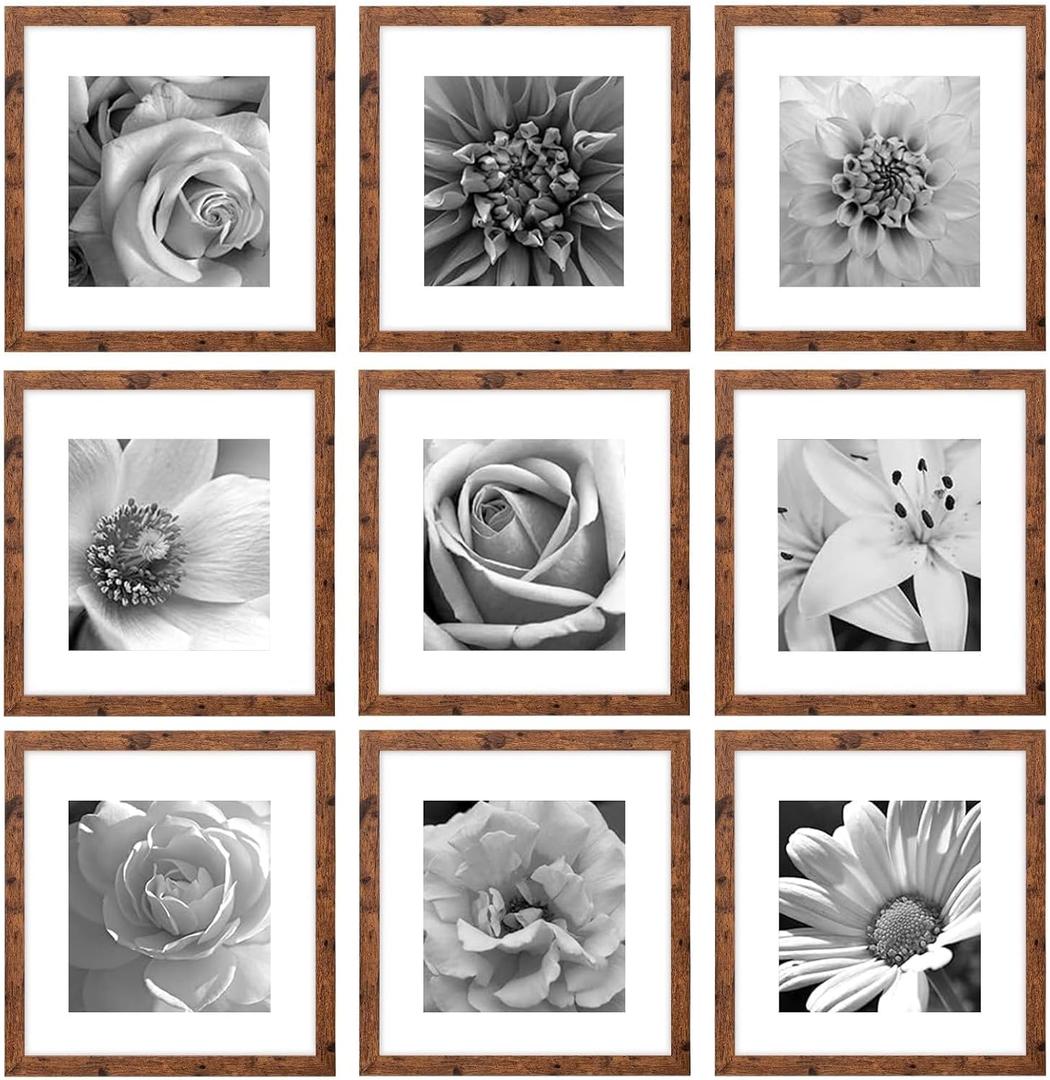 eletecpro 12x12 Picture Frames Set of 9 Classic Gallery Wall Frame Set Displays 8x8 Photo with Mat or 12x12 without Mat, Square Frames Farmhouse Wall Decor Rustic Brown Home Decor for Hanging