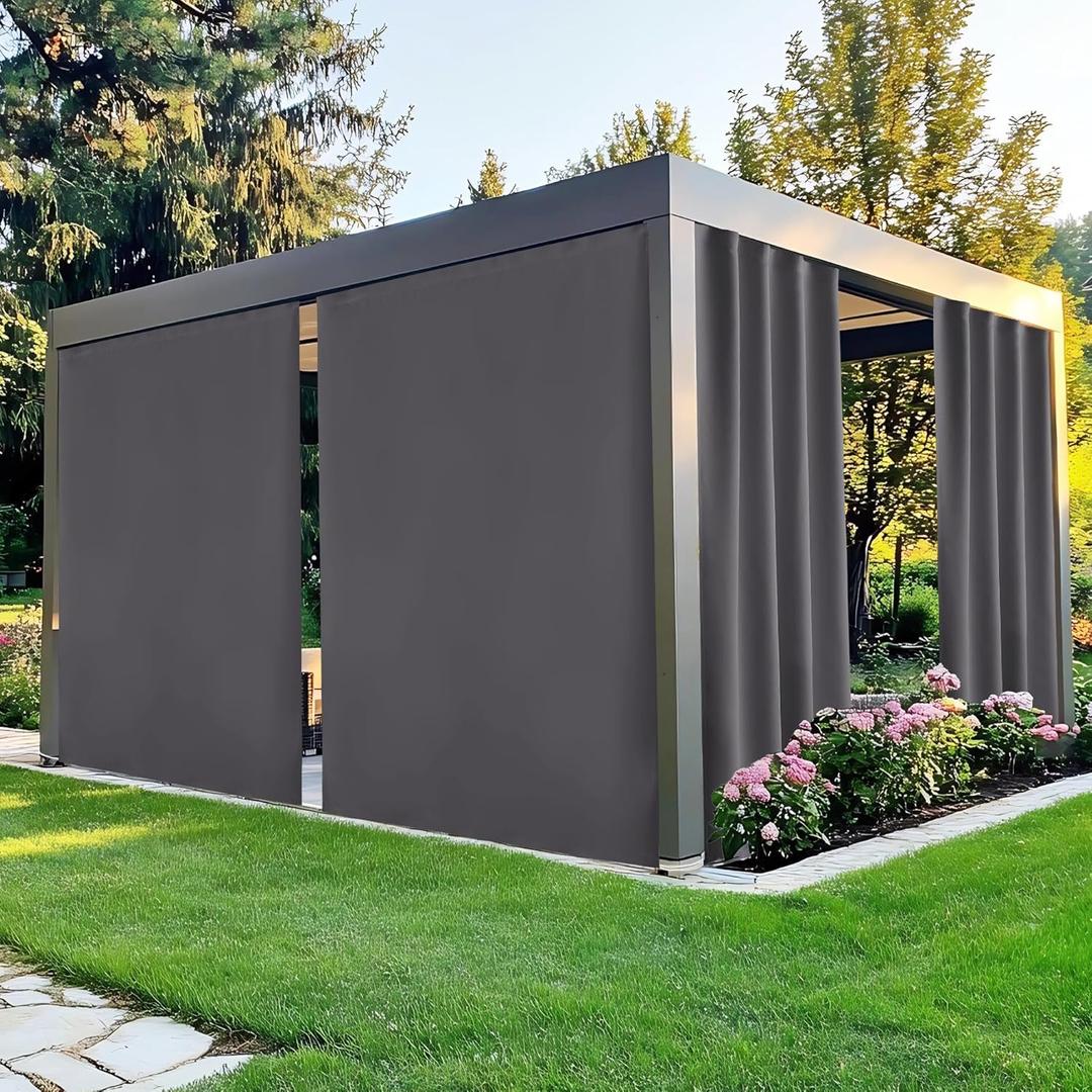 NICETOWN Gazebo Curtains Outdoor Waterproof, Windproof Curtains with Peel/Stick Top & Back Tab Bottom, Rod-Free Privacy Sun Shades with Rope for Patio, Porch, Garden, W84 x L96 in, Grey, 2 Panels