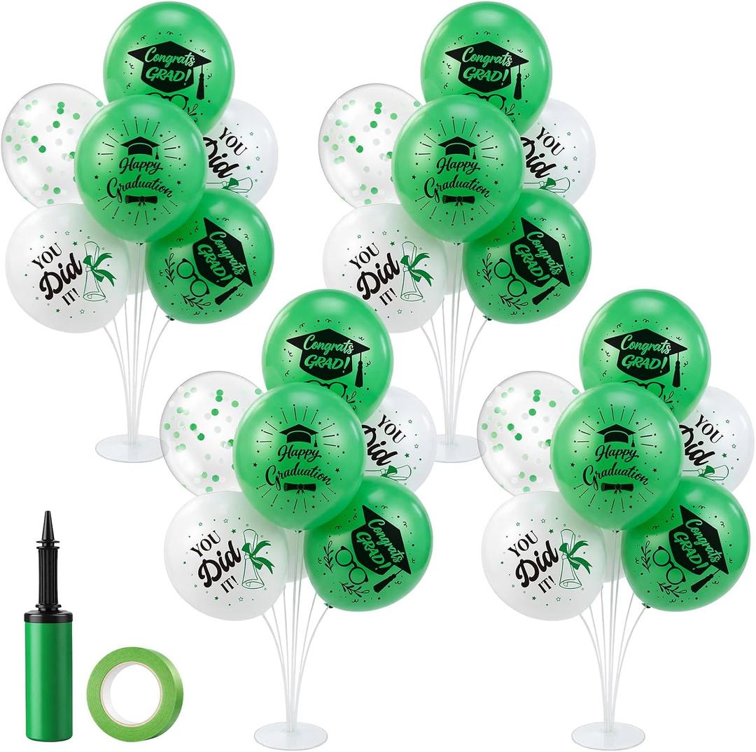 Foilswirl 4 Sets Graduation Party Balloons 2026 Congrats Grad Table Centerpieces Graduation Party Decorations 12 Inch Green Balloon Stand Table Kit Confetti Latex Balloons for Grad Cap Supplies