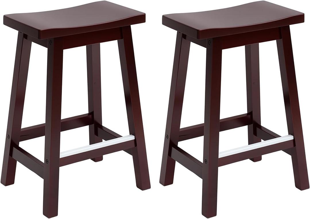 PayLessHere Bar Stools Set of 2, Wooden Saddle Stools 24 Inch Heigh, Bar Chairs Seat with Footrests and Industrial, Kitchen Counter Stools for Restaurant, Bistro Bar and Home Dining
