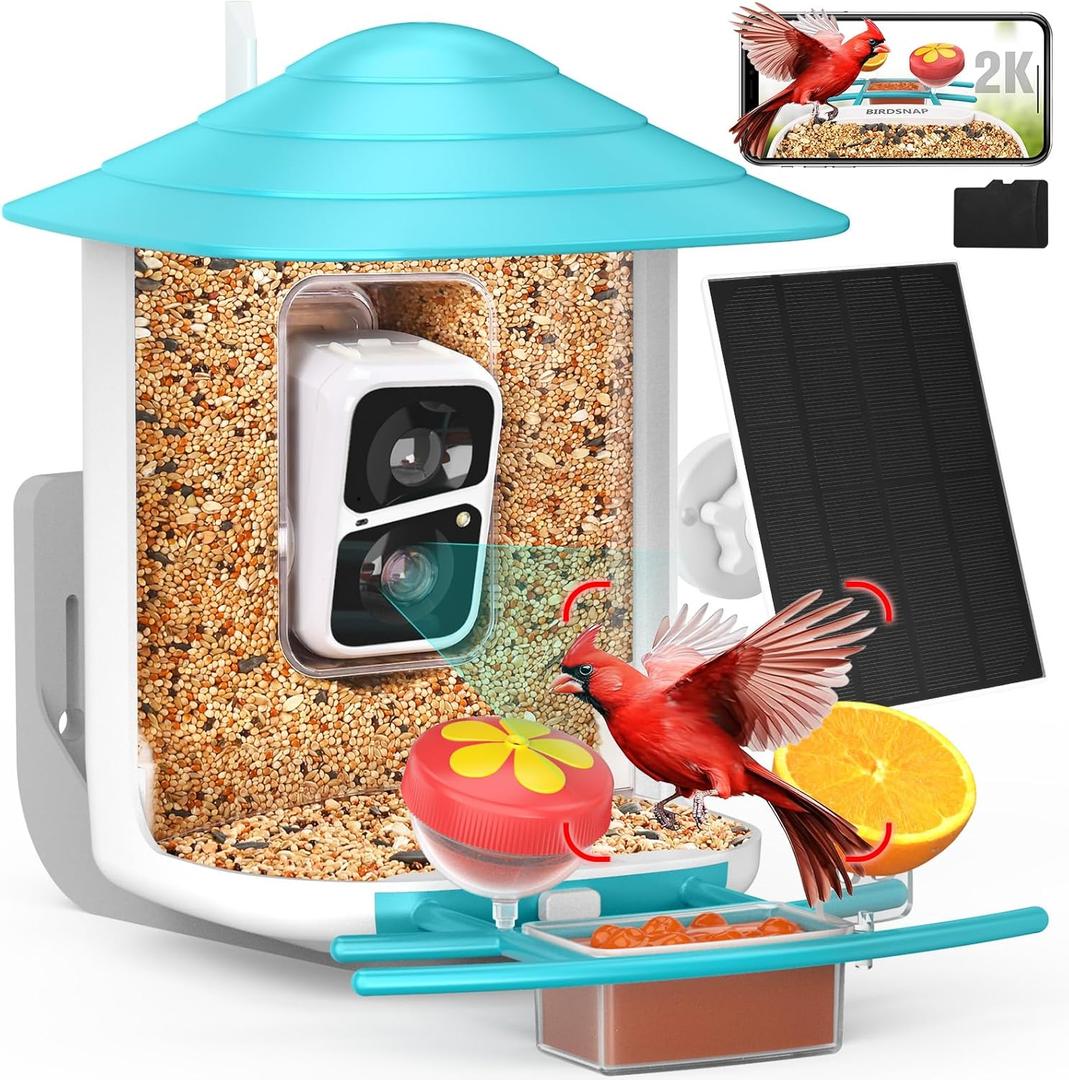 birdsnap TUC Bird Feeder with Camera 2K HD, Solar Panel 32GB Card 4-in-1 Perch, 160View Auto Detect & Notify AI Identify Video Bird Camera Wireless Outdoors Ideal Gift for Birds Lover (Blue)