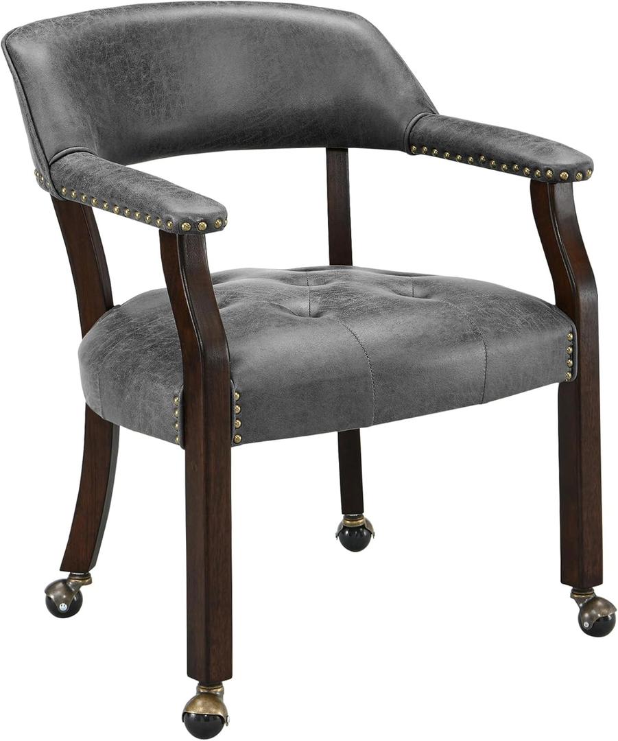 LEEMTORIG Large Dining Chairs with Casters and Arms, Rolling Dining Chairs with Wheels, Accent Game Chairs, Boss Caption's Chairs, 26"D x 25.2"W x 31.5"H, Espresso Legs & Dark Grey Fabric SY-318-GY