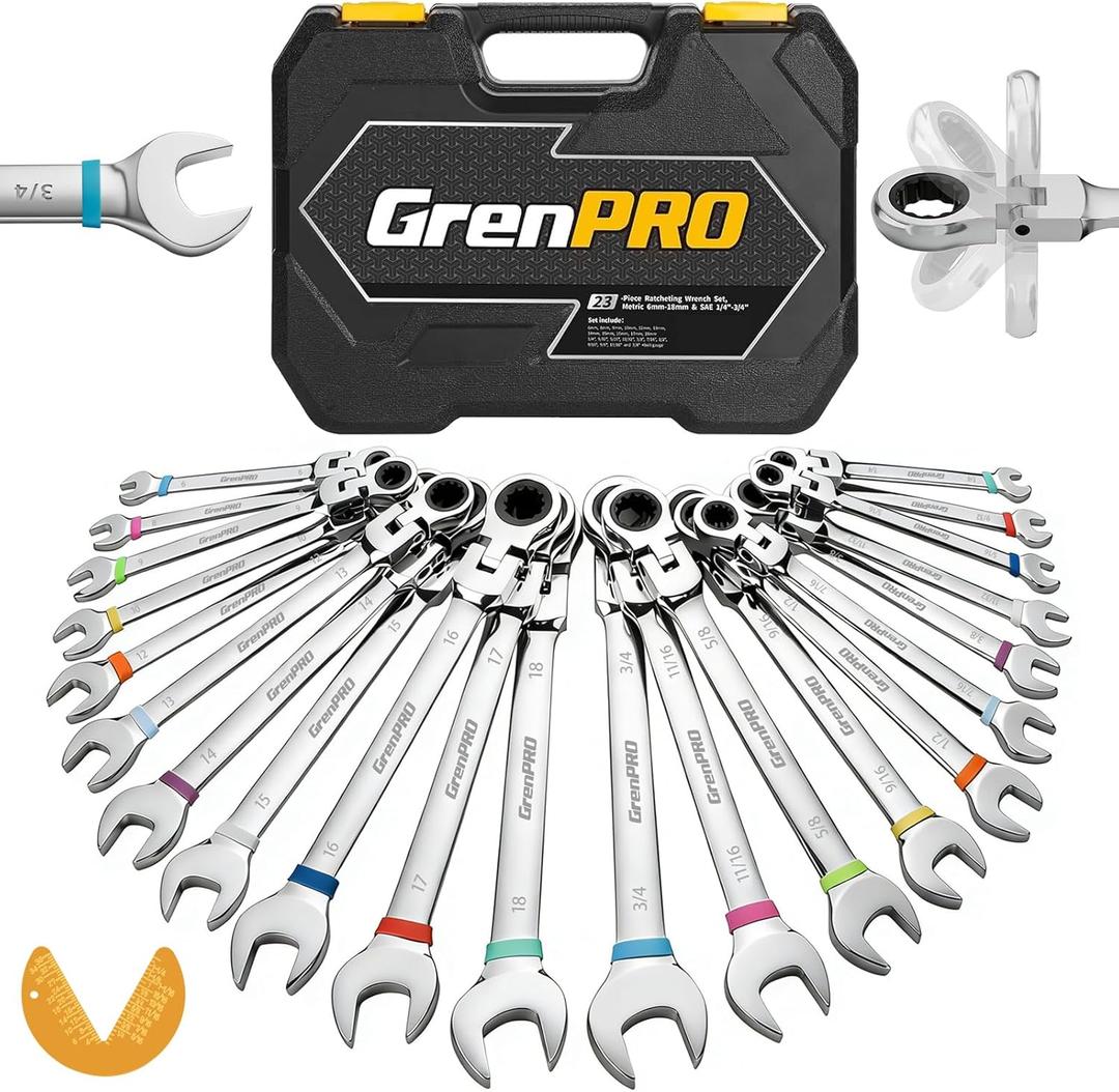 GRENPRO 23PCS Flex-Head Ratcheting Wrench Set, Combination Ratchet Wrenches Set Metric and Standard & SAE with Organizer Box, 6-18mm & 1/4" to 3/4" with Color Ring, CRV Socket Mechanic Tools Sets