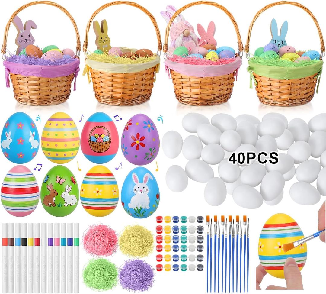 Teyva Daily 112 Pcs Shakers Easter Egg DIY Painting Kit Bulk Paintable Plastic Egg Shaker Musical Instruments with Weaving Baskets with Handle and Liner, Paint & Pens for Easter Basket Stuffers Gifts