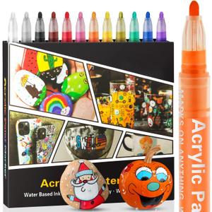 Acrylic Paint Pens Markers -12 Color Waterproof Paint Pens for Rock Painting,Graffiti, Stone, Ceramic, Glass, Wood, Fabric, Canvas, Porcelain, Metal,Water Based Quick Dry Non-Toxic