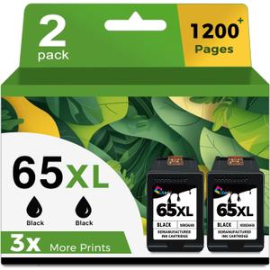 65XL Black Ink Cartridge Replacement for HP Ink 65 HP65 XL HP65XL for 5000 5055 3755 3700 3772 3722 2600 2622 3752 2652 2655 2640 5052 5010 Printer (2 Pack)