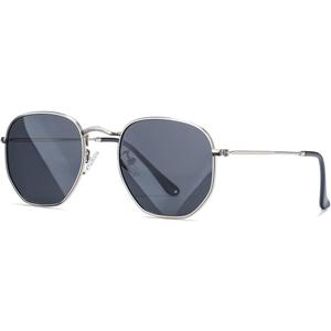 HJSTES Small Polarized Sunglasses Women Men Trendy Hexagonal Metal Frame Mirrored Lens UV Protection (A04 Silver/Grey)