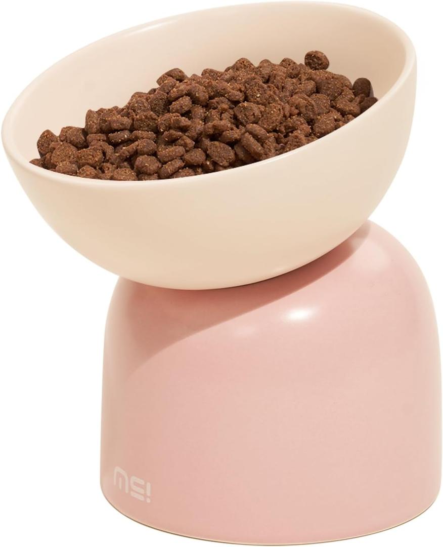 Elevated Ceramic Cat Food Bowl - 5.5" Wide Dish for Whikser Friendly, 6.6" Height for Easy Feeding, Lead & Cadmium Free, Durable Raised Cat Food Bowls, Pink