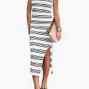 PRETTYGARDEN Summer Dresses for Women 2026 Casual Sleeveless Hollow Out Knit Side Slit Striped Beach Vacation Midi Dress M, White