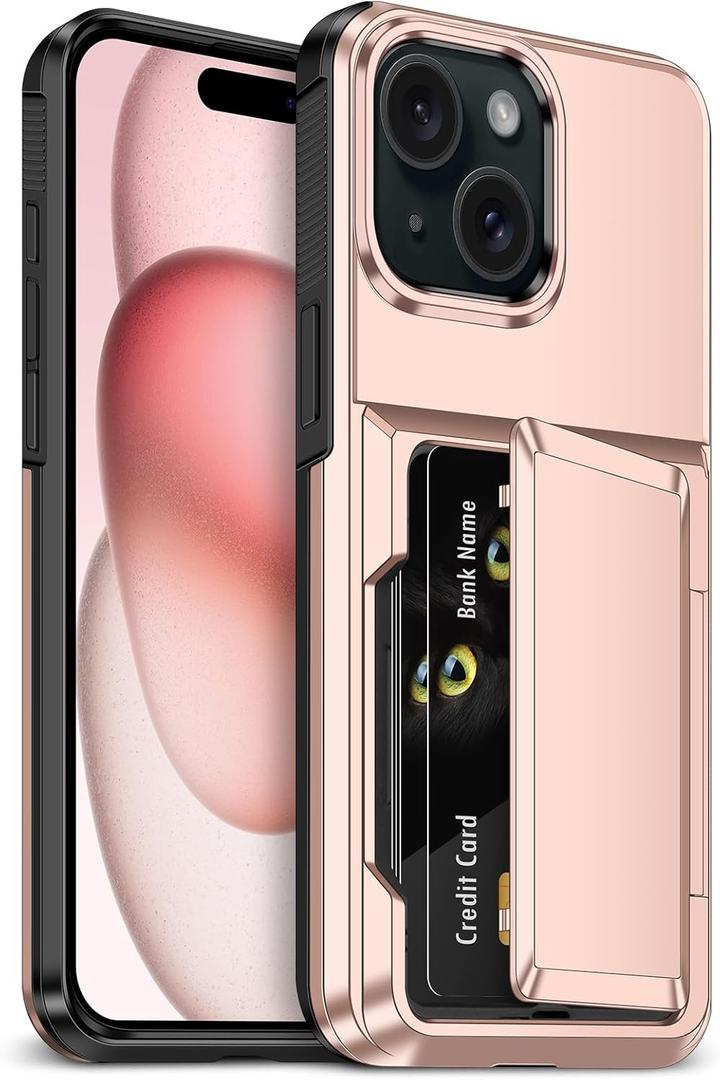 for iPhone 15 Case with Card Holder [Max 5 Cards] Heavy Duty Protective Shockproof Case Dual Layer Hidden Sliding Card Slot Wallet Case for iPhone 15 Phone Case Women&Men 6.1'' Rose Gold