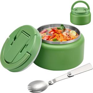 13.5oz Soup Thermo for Hot Food Kids Insulated Vacuum Food Jar with Buckle Lid,Wide Mouth Leakproof Stainless Steel Lunch Container with Spoon-Green