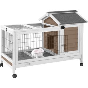 Wooden Rabbit Hutch Indoor and Outdoor, Rabbit Cage with Removable Wire Netting and Leak Proof Tray, Mobile Bunny Cage with Wheels (Brown)
