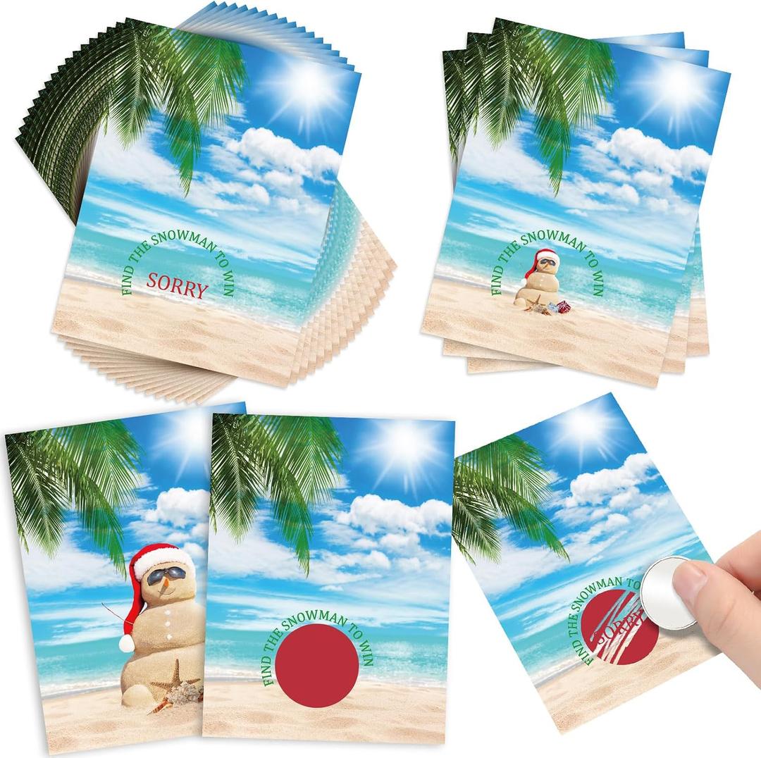 Dunzoom 36 Pcs Christmas in Summer Scratch Off Cards Christmas Games Gifts Santa Claus Snowman Beach Theme Cards Bulk for Xmas in July Party Decorations Family Entertainment Rewards Supplies, 3 x 4 inches / 7.5 x 10 cm