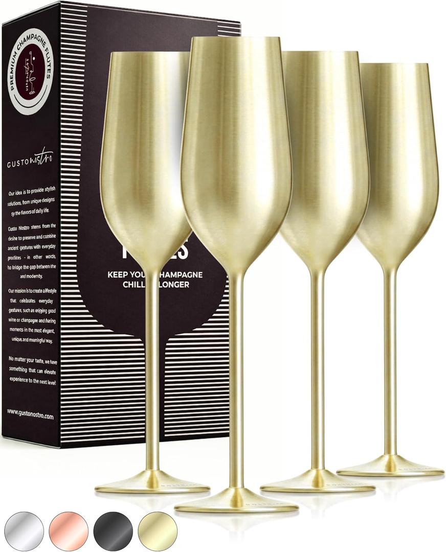 Gusto Nostro Stainless Steel Gold Champagne Flutes Set of 4 - Unique, Unbreakable, Colorful Metal Champagne Glasses - Modern Toasting Flutes - Luxury Wedding Gifts for Couple - Wedding Registry Idea