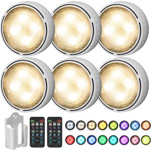 Onumii LED Puck Lights Battery Operated LED Under Cabinet Lighting Wireless Stick on Tap Lights with Remote Controll Color Changing Timer Function for Cabinets, Shelves, Closets - 6Pack White
