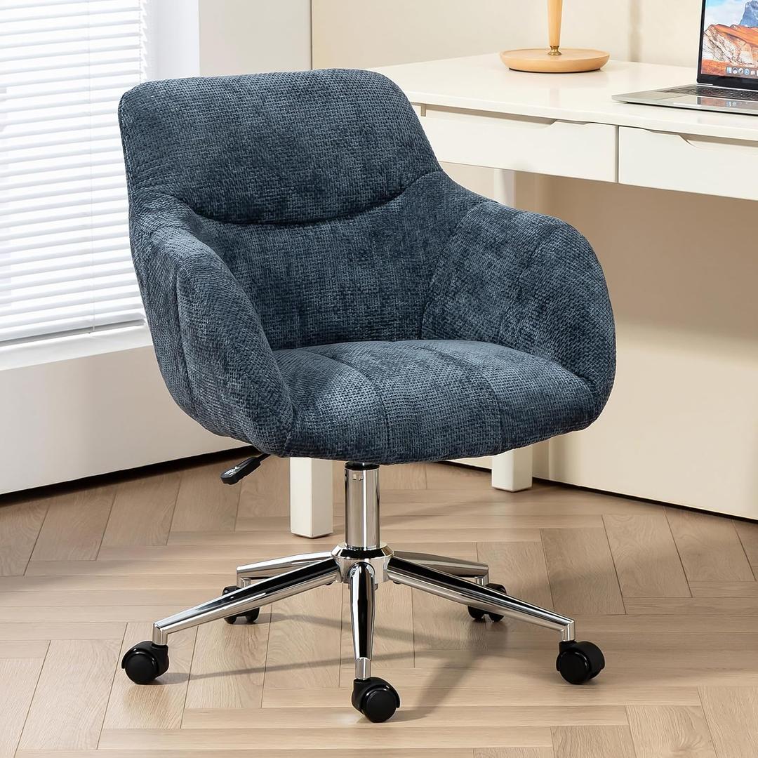 Home Office Desk Chairs Swivel Computer Chair with Wheels, Upholstered Vanity Chair Adjustable Height Chenille Office Chair for Living Room Dorm Bedroom (Blue)