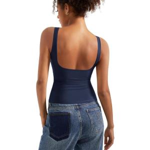 SUUKSESS Women Padded Open Back Boat Neck Tank Tops Double Lined Basic Shirts (Medium, Navy)