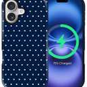 ZHEGAILIAN Magnetic Case for iPhone 17,Compatible with MagSafe Hard Shell + Soft Silicone 2 in 1 Hybrid Shockproof Bumper Drop Protective Case Navy Blue Polka Dot