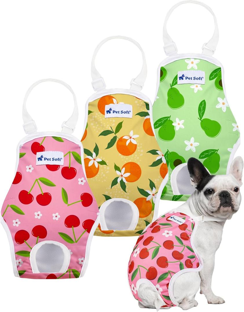 Pet Soft Dog Diapers Female Onesie Sanitary Pantie with Adjustable Suspender, Colorful Pattern Washable Puppy Diapers Female, Super Absorbent Underwear Dog Diaper for Heat (Fruit, L)