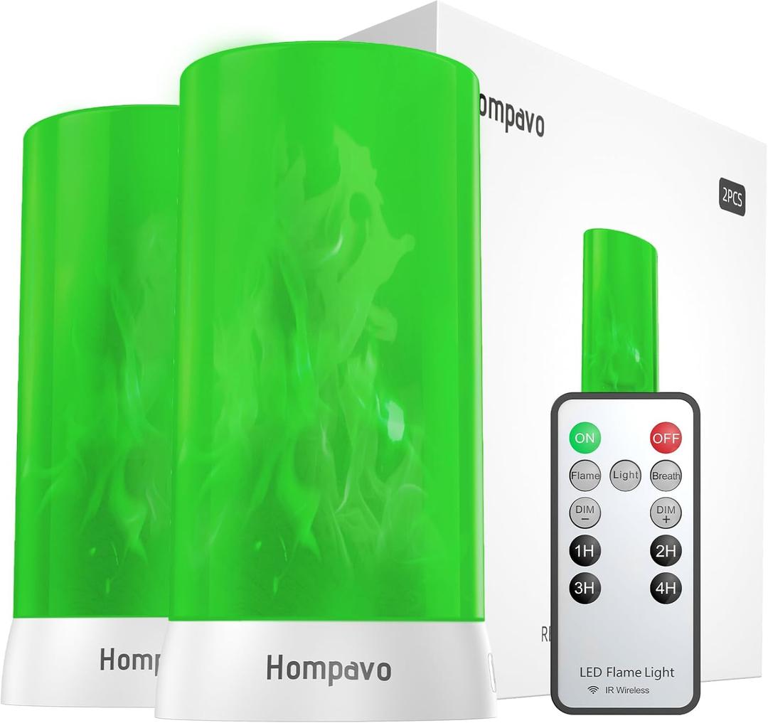 Upgraded LED Flame Lights with Remote & Timer, 4-Mode Rechargeable Battery Operated Flameless Candles, Waterproof Pillar Flickering Lanterns for Room Patio Wedding Christmas Home Decor, Green (Remote Control-2 Pcs-Green)