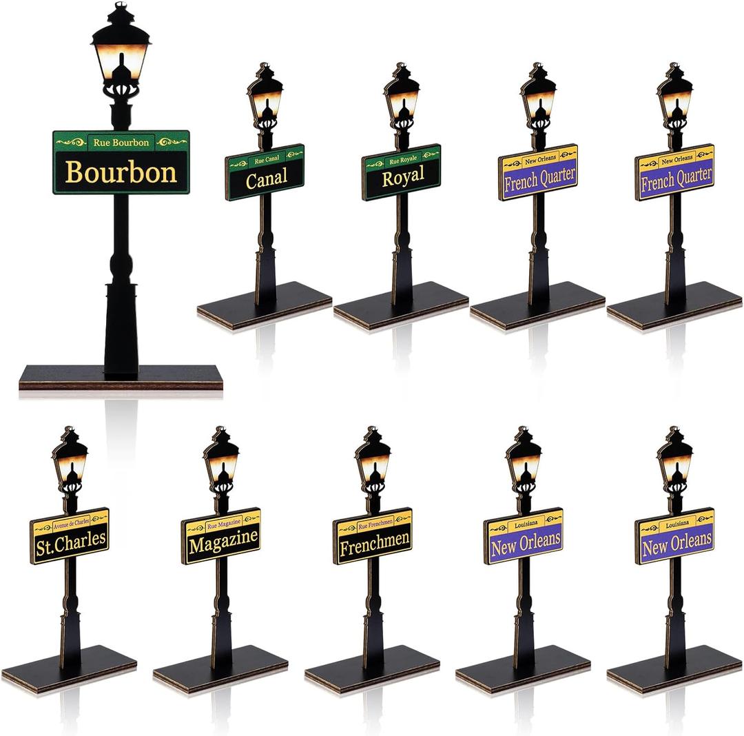 10 Pcs Mardi Gras Decorations Bourbon Street Signs New Orleans Lamp Post Centerpiece Wooden Mardi Gras Desktop Street Party Supplies for Carnival Theme Events Friend Birthday Party Decor