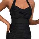 Women's Retro Tummy Control Swimsuits Halter One Piece Slimming Swimwear,Vintage Boyshorts Ruched Push Up Bathing Suit (Large, Black)