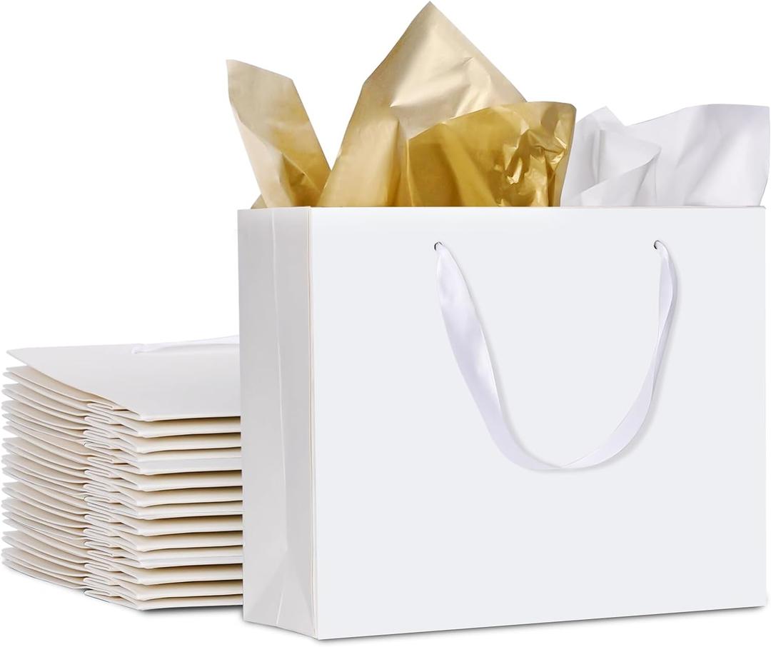 12 Pack Medium Size Gift Bags with Ribbon Handles & Tissue bags, White Gift Bags for Shopping, Small Business, Bridal Party, Wedding, Baby Shower, Bridal Party, Christmas and Holiday (10.6 x3.5 x8.3)