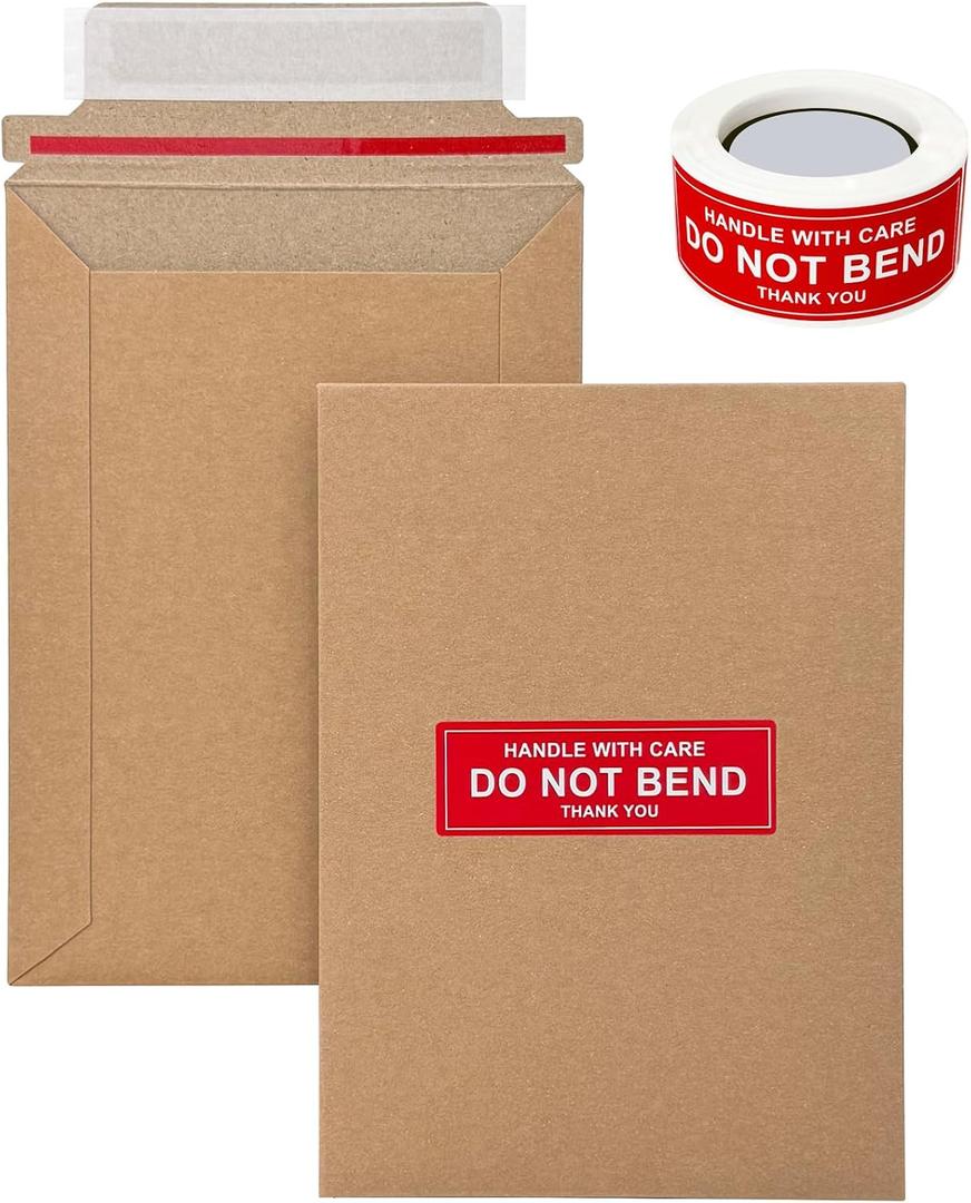 100 Pack 5x6.9" Rigid Mailers Cardboard Envelopes, 400GSM Kraft Photo Mailers Shipping Envelope with "DO NOT BEND" Labels, Small Stay Flat Self Seal Document Envelope for Trading Cards- Brown